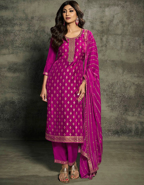 Heavy Designer Wedding Wear Jacquard Silk Salwar Suit Purple Jacquard Silk Pant Straight Front View